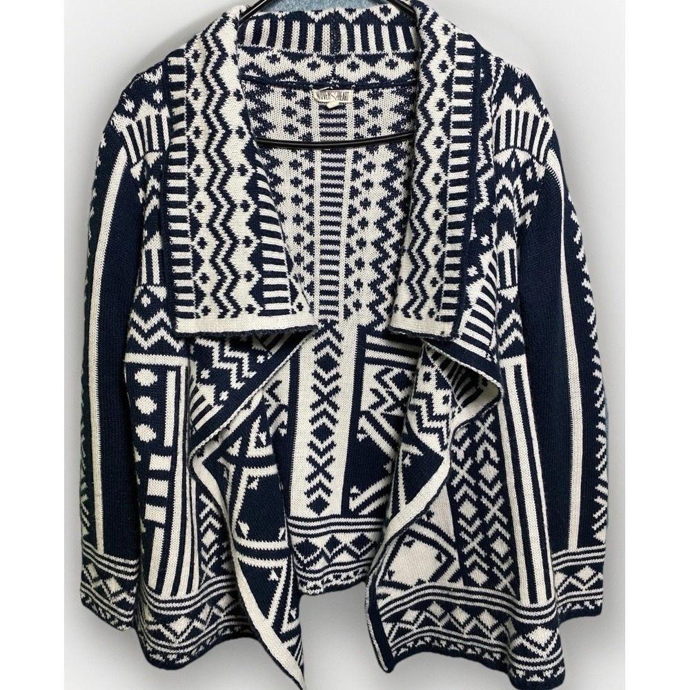 Boho Tribal Woven Heart Womens Open Front Cardigan Cotton Blend M Navy‎ White